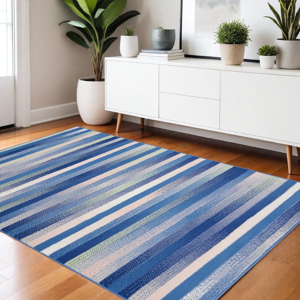 5' X 7' Blue And White Striped Distressed Area Rug