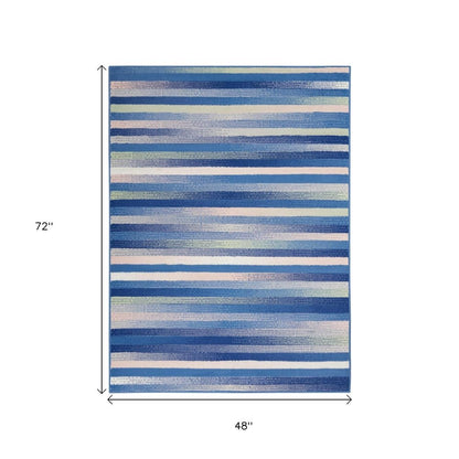 5' X 7' Blue And White Striped Distressed Area Rug