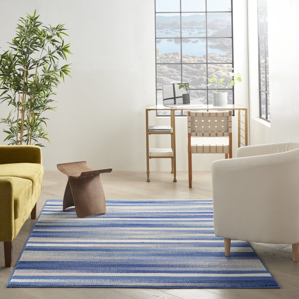 5' X 7' Blue And White Striped Distressed Area Rug