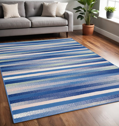 5' X 7' Blue And White Striped Distressed Area Rug