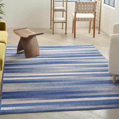 5' X 7' Blue And White Striped Distressed Area Rug
