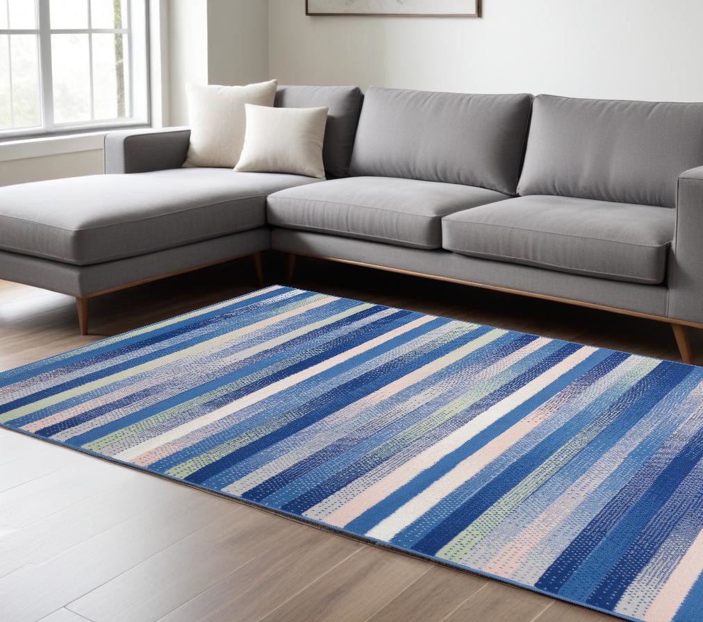 6' X 9' Blue And White Striped Dhurrie Area Rug