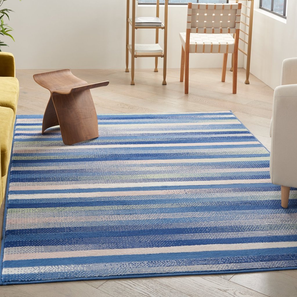 6' X 9' Blue And White Striped Dhurrie Area Rug