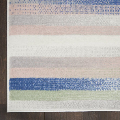 4' X 6' Ivory Blue And Green Striped Distressed Area Rug