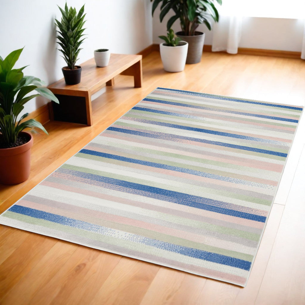 4' X 6' Navy Blue Striped Dhurrie Area Rug