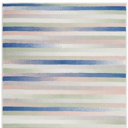 4' X 6' Ivory Blue And Green Striped Distressed Area Rug