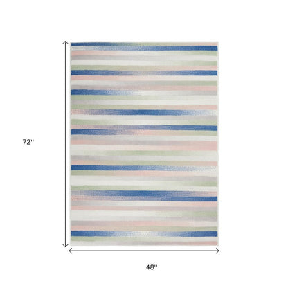 4' X 6' Ivory Blue And Green Striped Distressed Area Rug