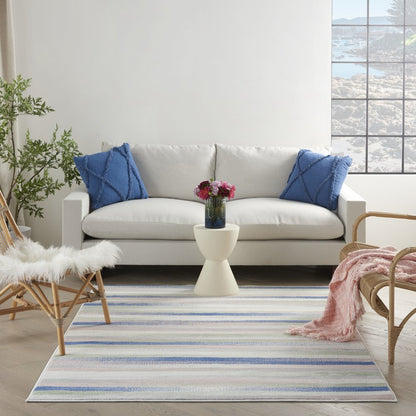 4' X 6' Ivory Blue And Green Striped Distressed Area Rug