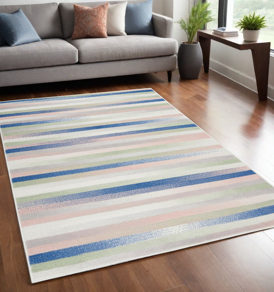 4' X 6' Navy Blue Striped Dhurrie Area Rug