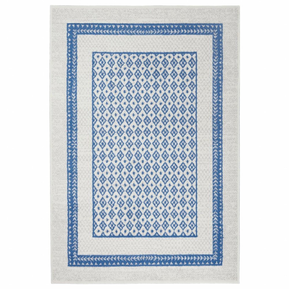 5' X 7' Ivory And Blue Geometric Area Rug