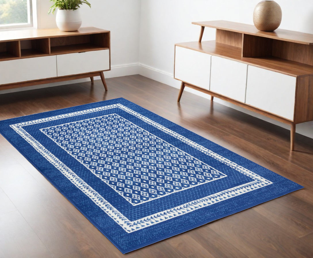 5' X 7' Navy Blue Geometric Dhurrie Area Rug