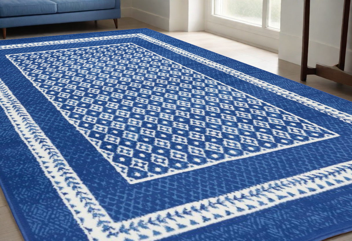 5' X 7' Navy Blue Geometric Dhurrie Area Rug