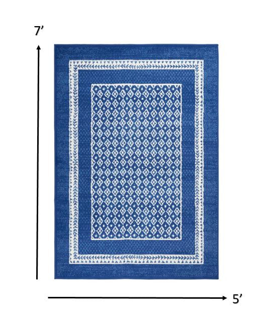 5' X 7' Navy Blue Geometric Dhurrie Area Rug