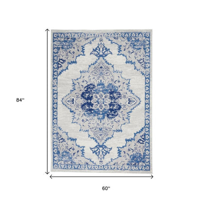 5' X 7' Ivory And Blue Medallion Area Rug