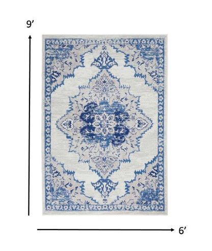 5' X 7' Ivory And Blue Medallion Area Rug