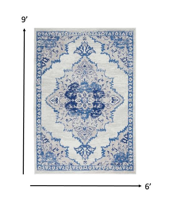 5' X 7' Ivory And Blue Medallion Area Rug