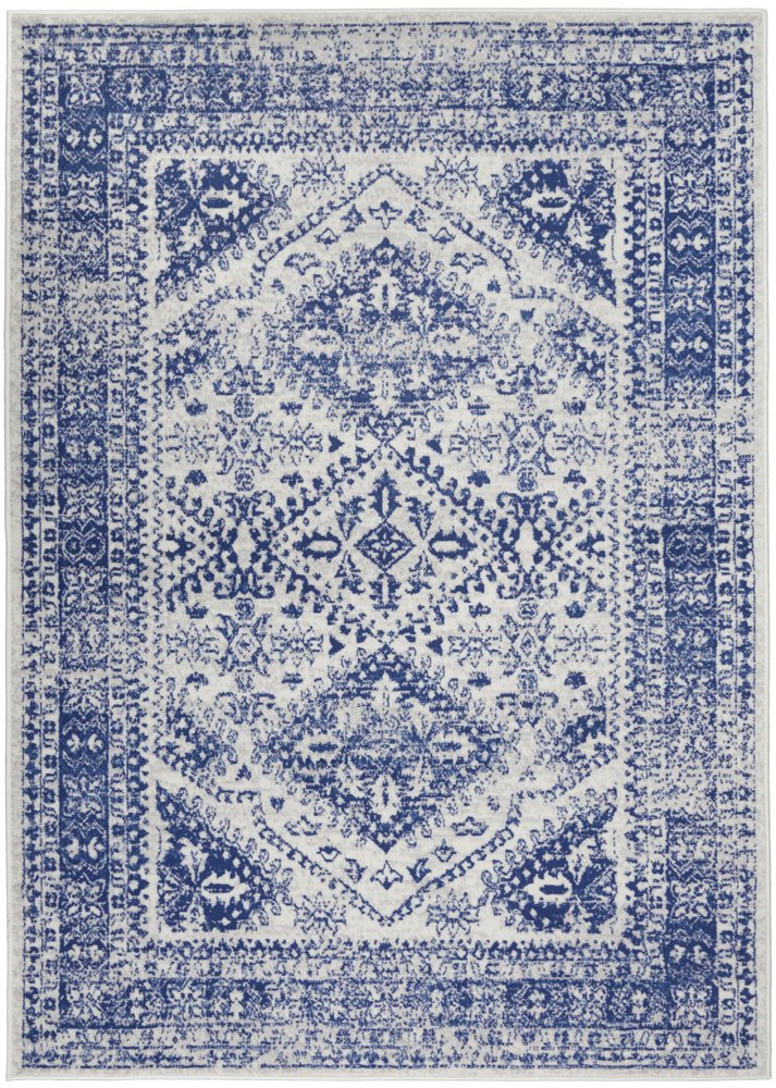 5' X 7' Ivory And Blue Geometric Distressed Area Rug