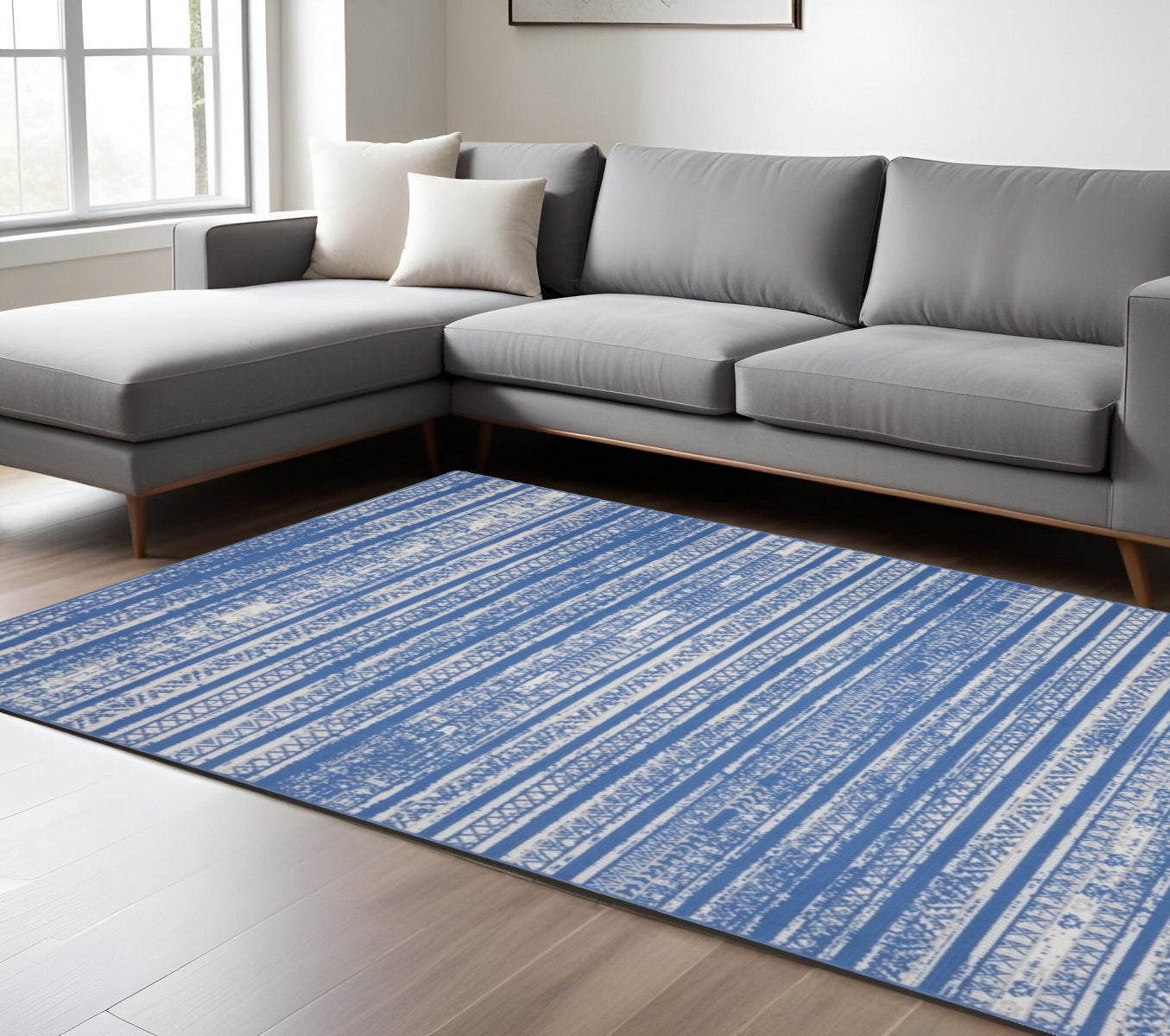 6' X 9' Light Blue Geometric Dhurrie Area Rug