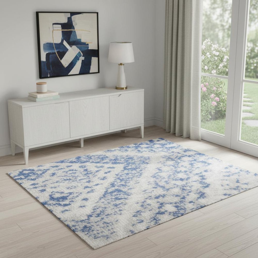 5' X 7' Ivory And Blue Geometric Area Rug