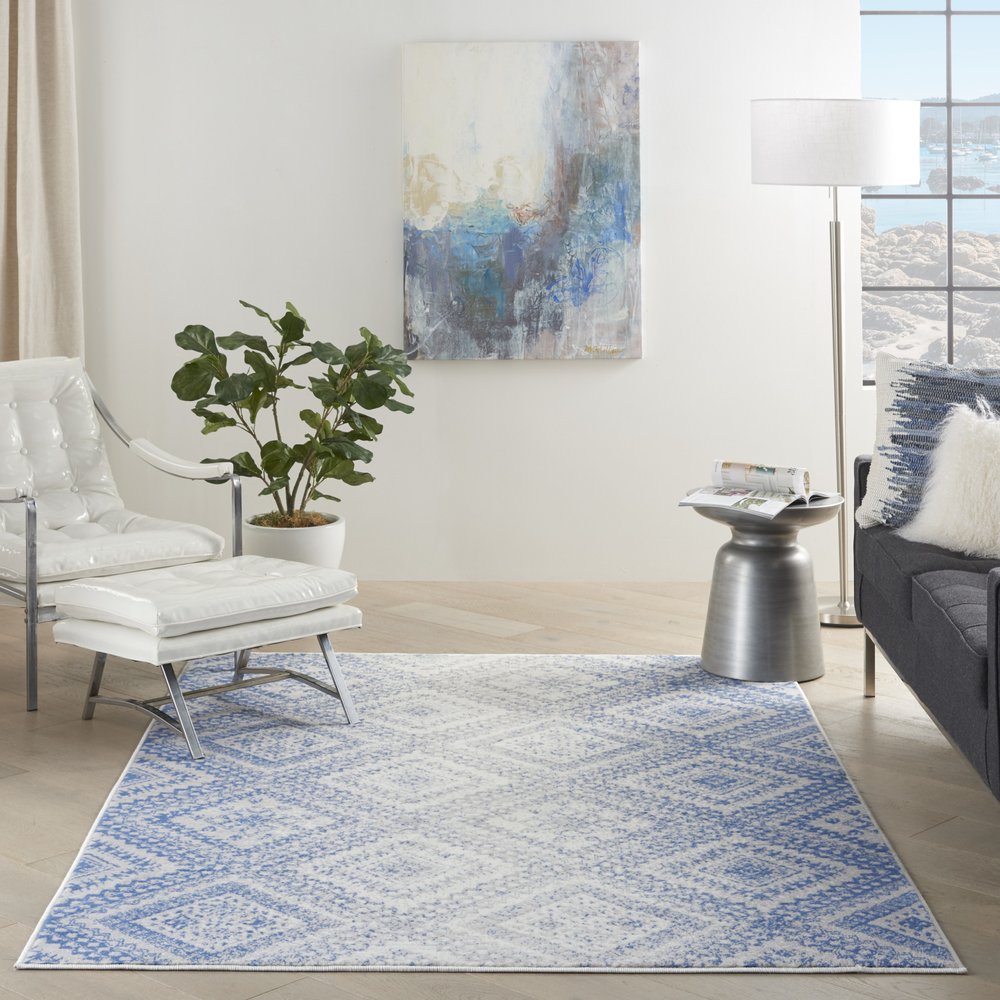 4' X 6' Ivory And Blue Geometric Area Rug
