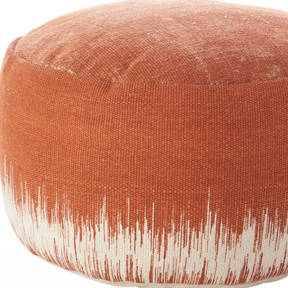 20" Orange and White Cotton Round Abstract Pouf Ottoman