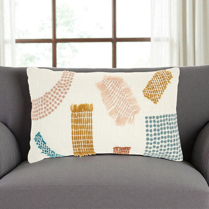 12" X 20" Beige Blue and Ivory Geometric Cotton Throw Pillow With Textured Appliques
