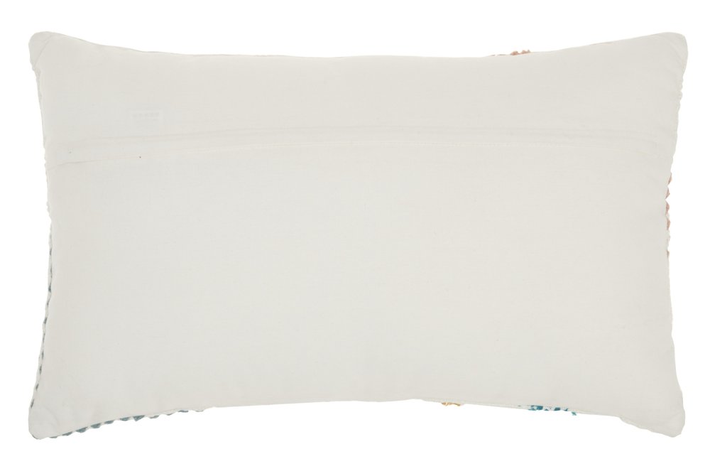 12" X 20" Beige Blue and Ivory Geometric Cotton Throw Pillow With Textured Appliques