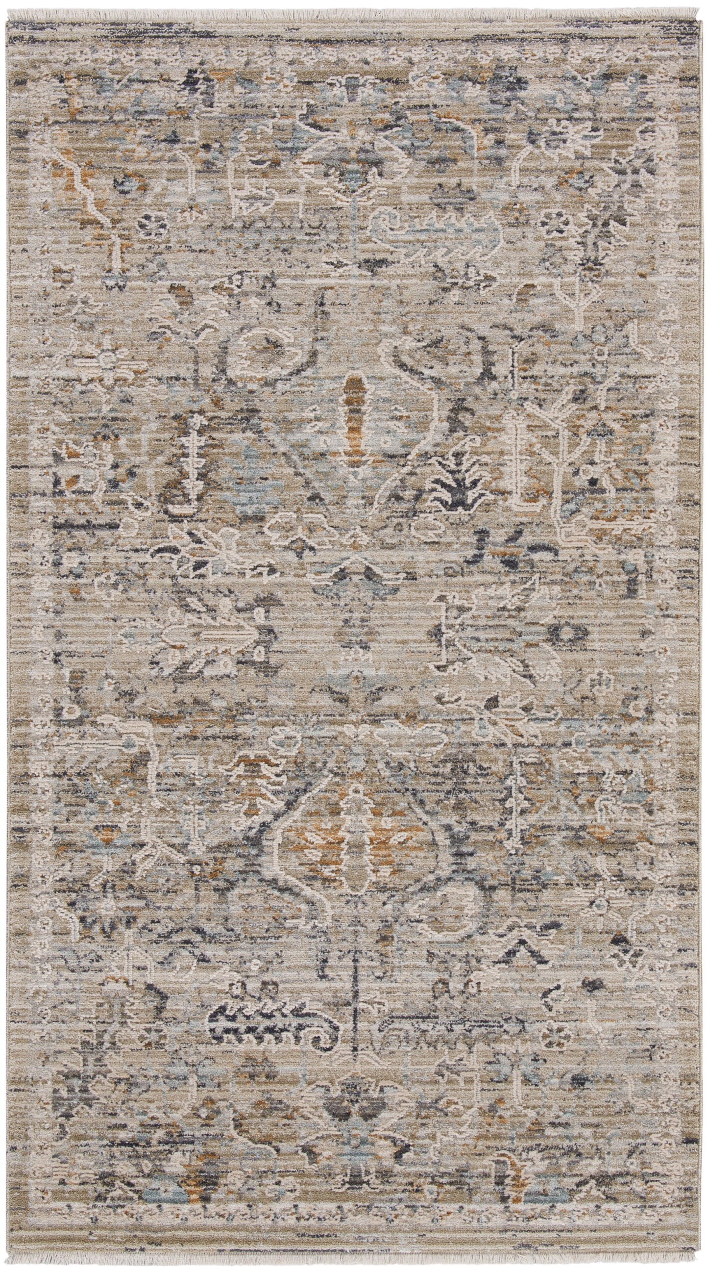 Distressed beige Oriental rug with ivory, blue and gray accents; floral medallion pattern; fringed ends.