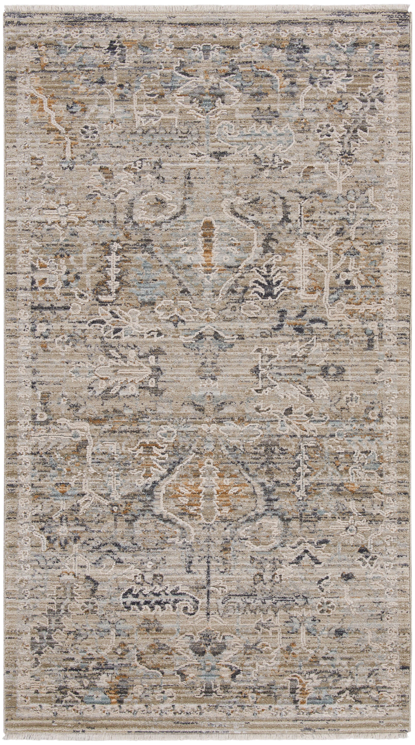 Distressed beige Oriental rug with ivory, blue and gray accents; floral medallion pattern; fringed ends.