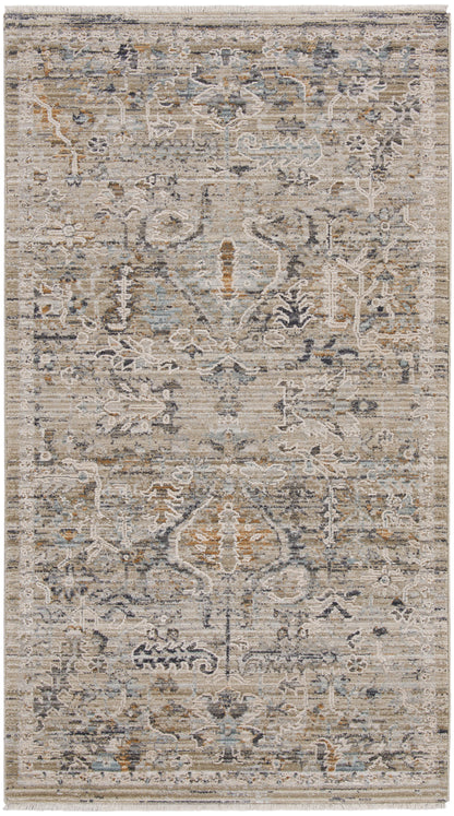 Distressed beige Oriental rug with ivory, blue and gray accents; floral medallion pattern; fringed ends.