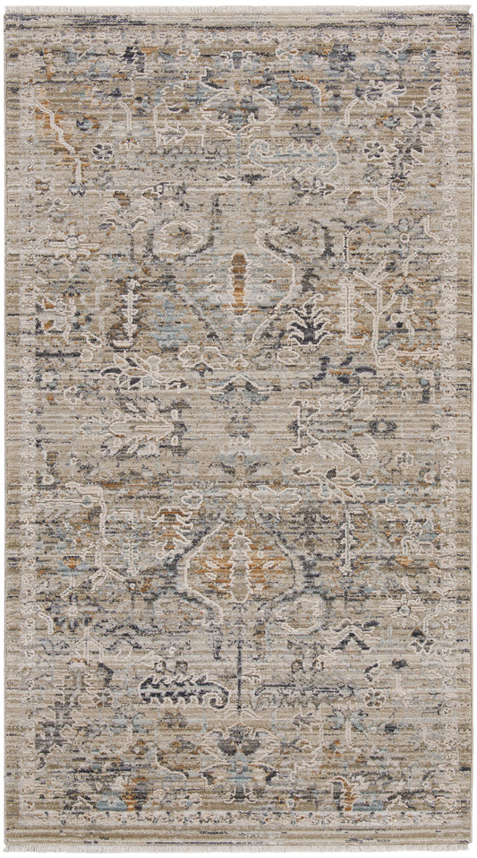 Distressed beige Oriental rug with ivory, blue and gray accents; floral medallion pattern; fringed ends.