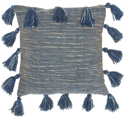 18" Royal Blue Polyester Blend Throw Pillow With Tassels