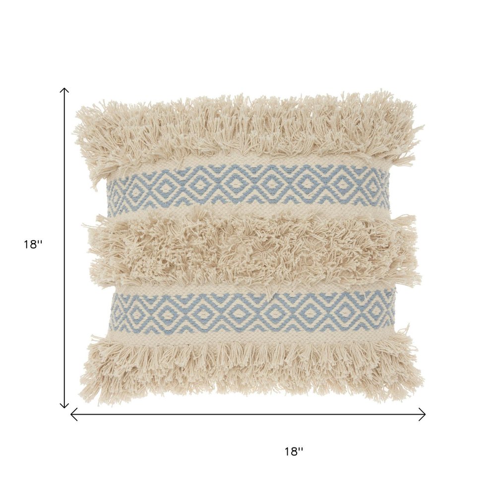 18" Blue And Natural Geometric Cotton Throw Pillow with Texture