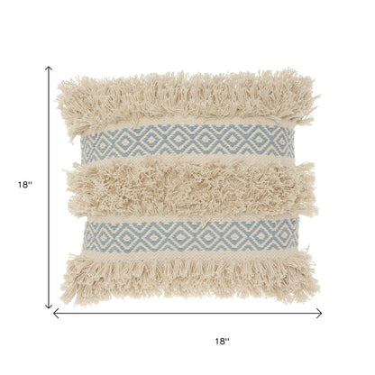 18" Blue And Natural Geometric Cotton Throw Pillow with Texture
