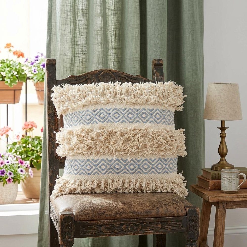 18" Blue And Natural Geometric Cotton Throw Pillow with Texture