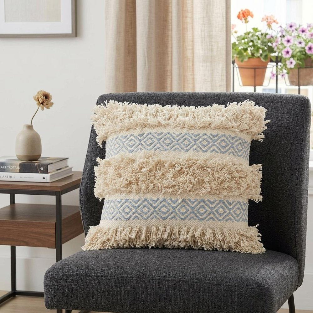 18" Blue And Natural Geometric Cotton Throw Pillow with Texture
