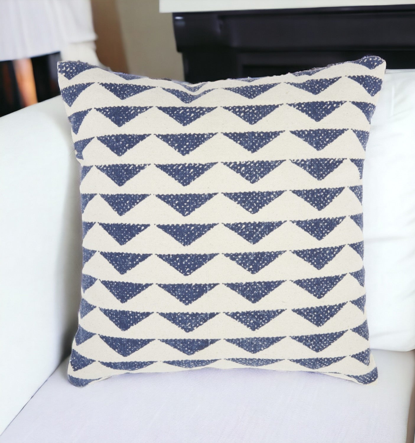 20" Navy Blue And Ivory Triangles Throw Pillow