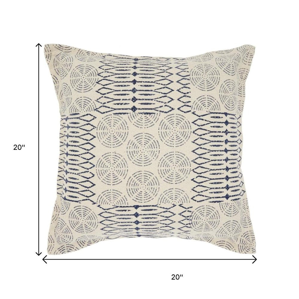 20" Indigo And Ivory Geometric Cotton Throw Pillow