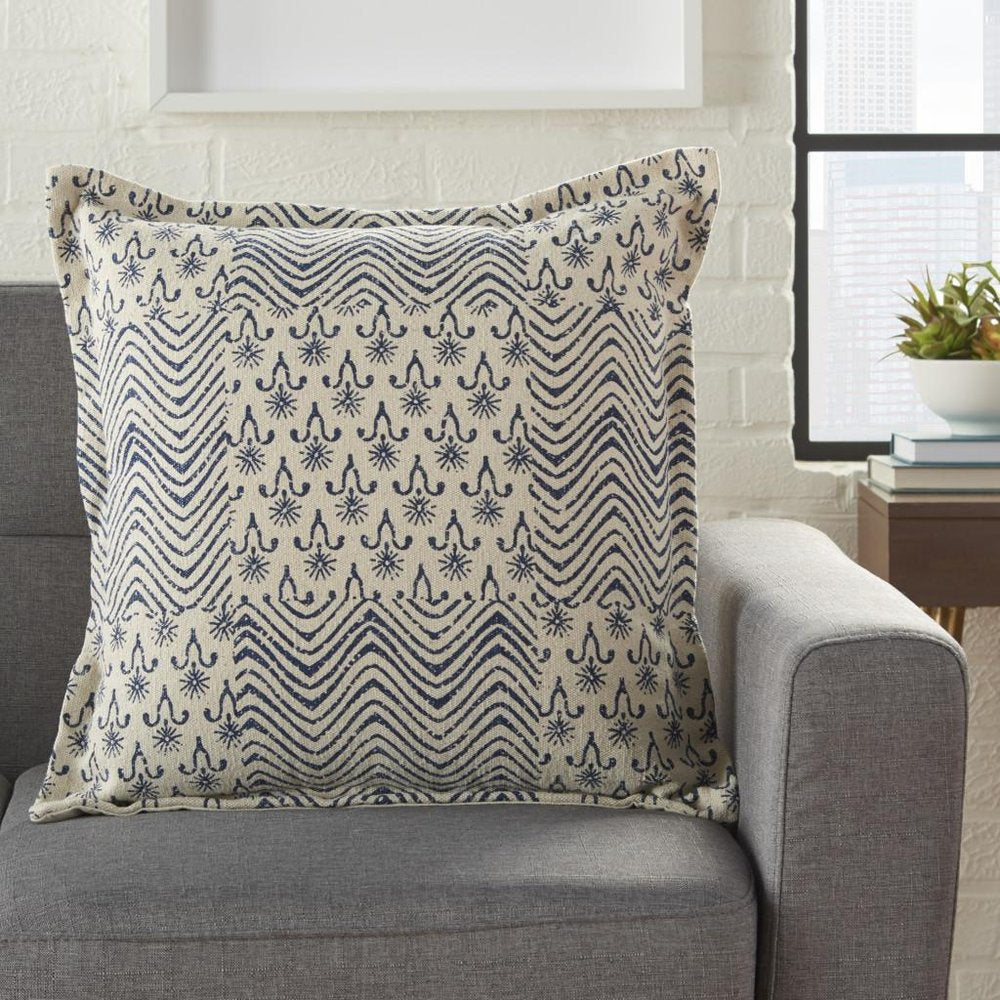 20" Indigo And Ivory Geometric Cotton Throw Pillow