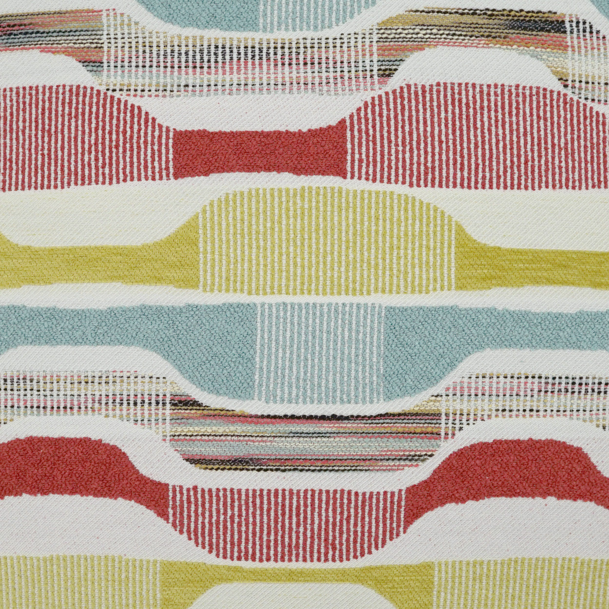 Colorful woven fabric with red, teal, yellow and white wavy bands; mid-century abstract stripe pattern.