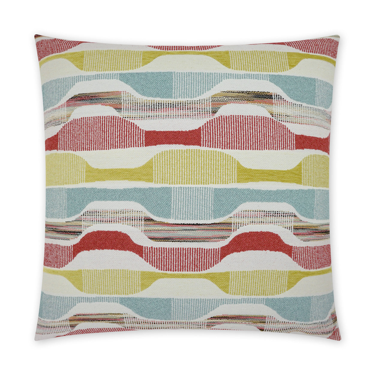 Decorative throw pillow with pastel wavy striped pattern in red, yellow, blue, and cream.