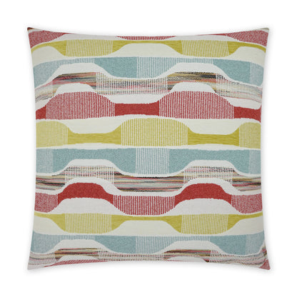 Decorative throw pillow with pastel wavy striped pattern in red, yellow, blue, and cream.
