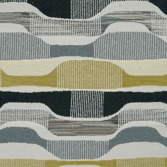 Woven upholstery fabric with abstract layered waves and vertical stripes in black, gray, blue, white, and mustard.