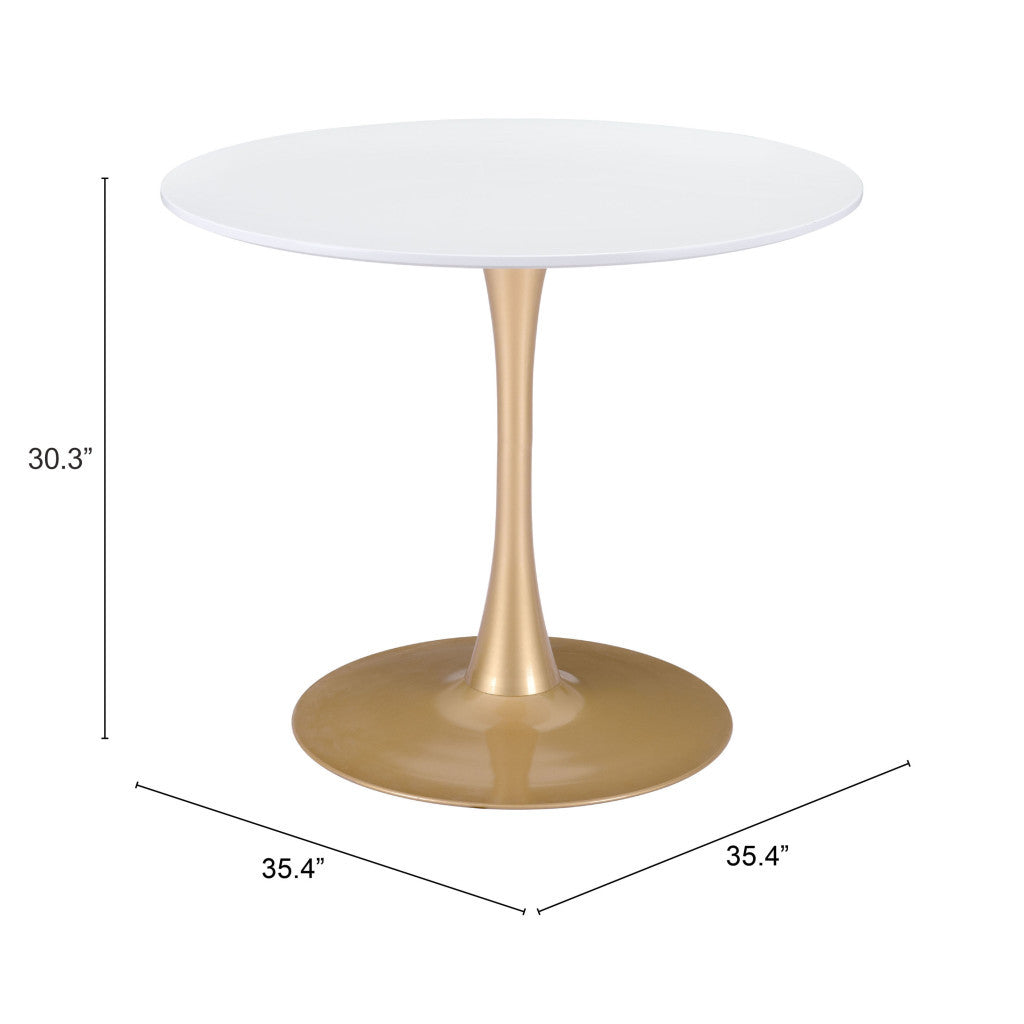 35" White And Gold Round Pedestal Dining Table