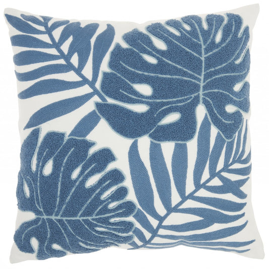 18" Blue and Ivory Cotton Throw Pillow