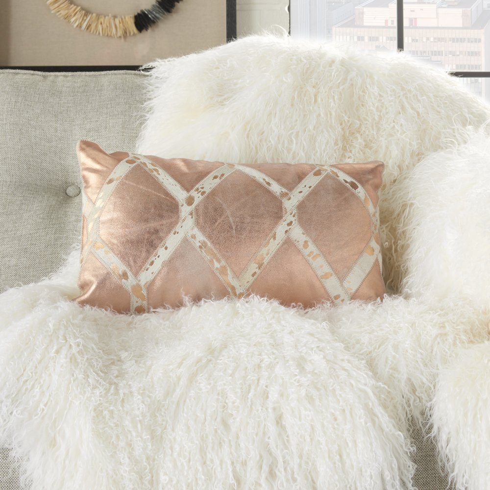 12" X 20" Rose Gold and White Metallic and Cowhide Throw Pillow