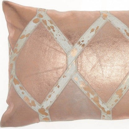 12" X 20" Rose Gold and White Metallic and Cowhide Throw Pillow