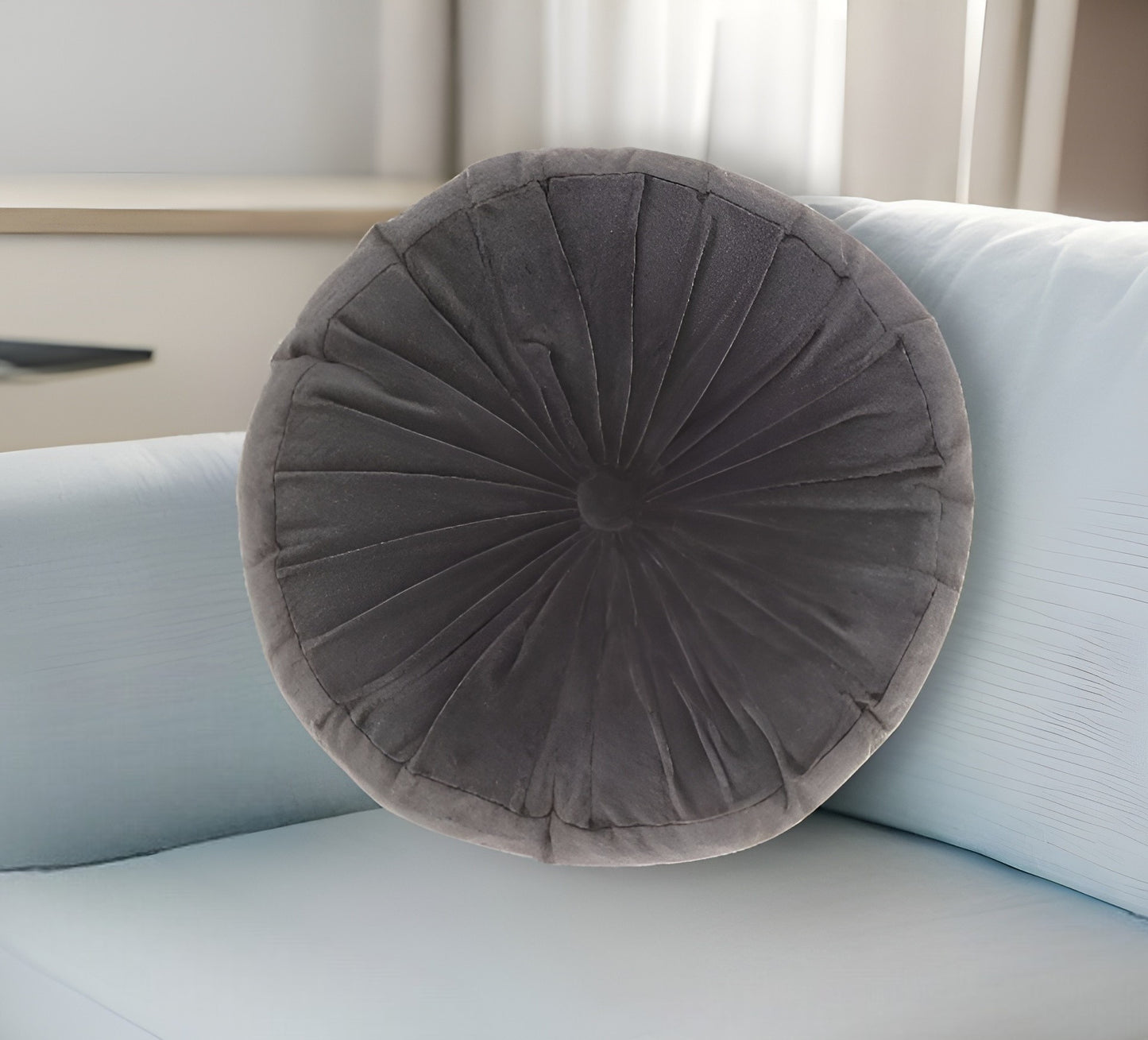 16" Dark Gray Round Tufted Velvet Throw Pillow