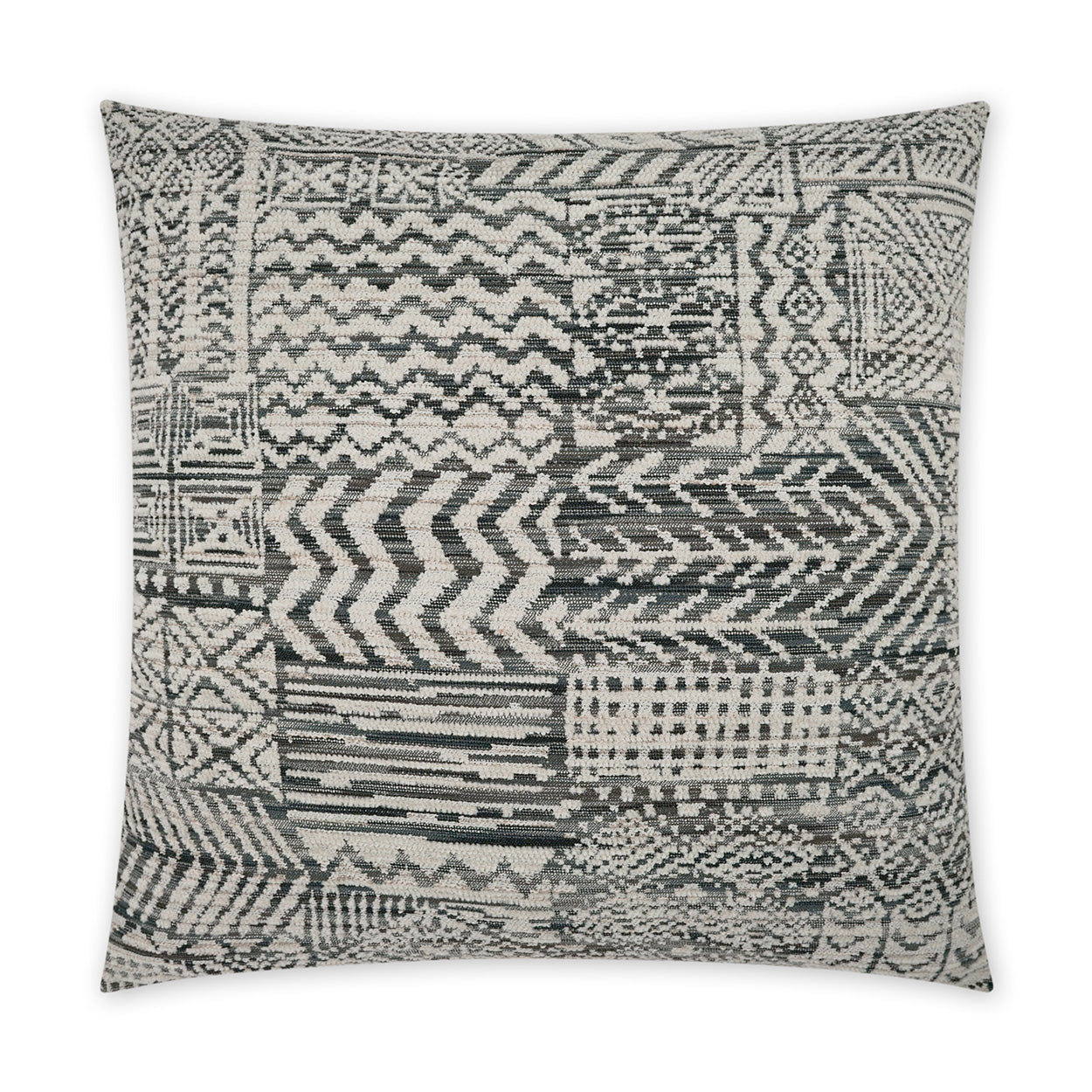 Square woven throw pillow in charcoal, white, gray patchwork geometric patterns; textured boho tribal style.