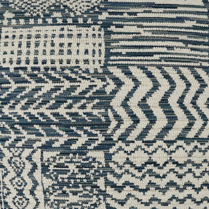 Indigo & ivory woven pillow with geometric chevrons, stripes & block patterns, 24" x 24